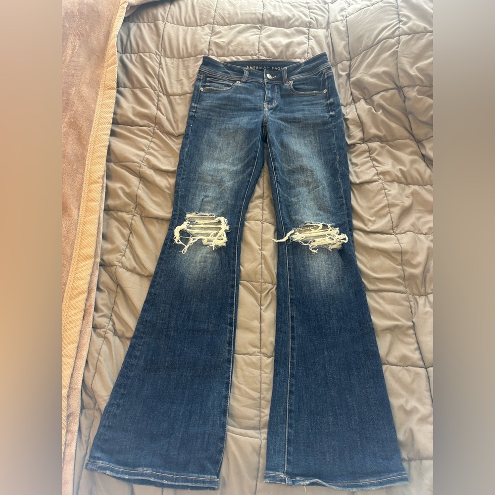 American Eagle Outfitters Blue Flare Jeans with Distressed Details